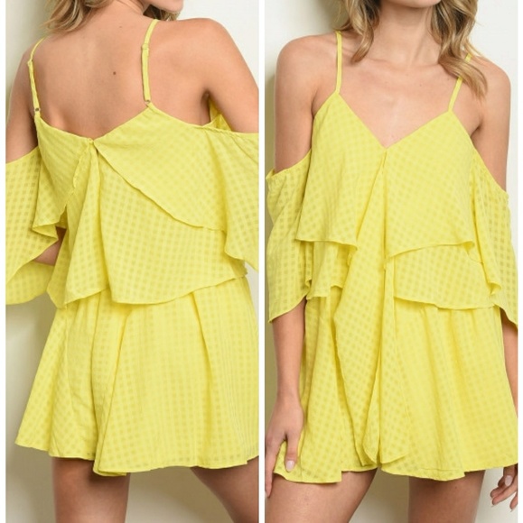 VNTG Pants - VNTG Yellow V-Neck Ruffled Romper Shorts